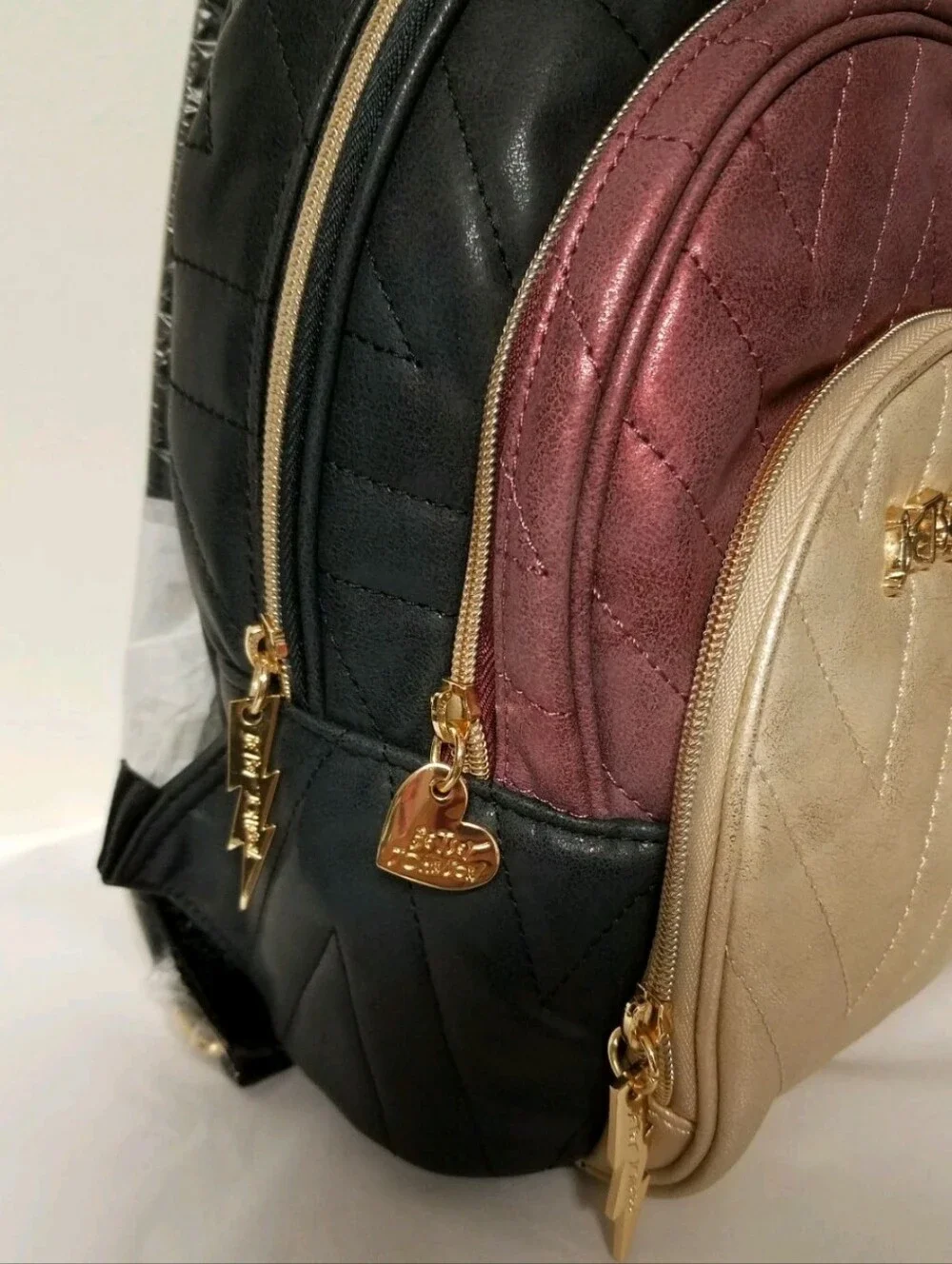 Betsey Johnson Backpack Handbag in Plum, Beige & Black -New